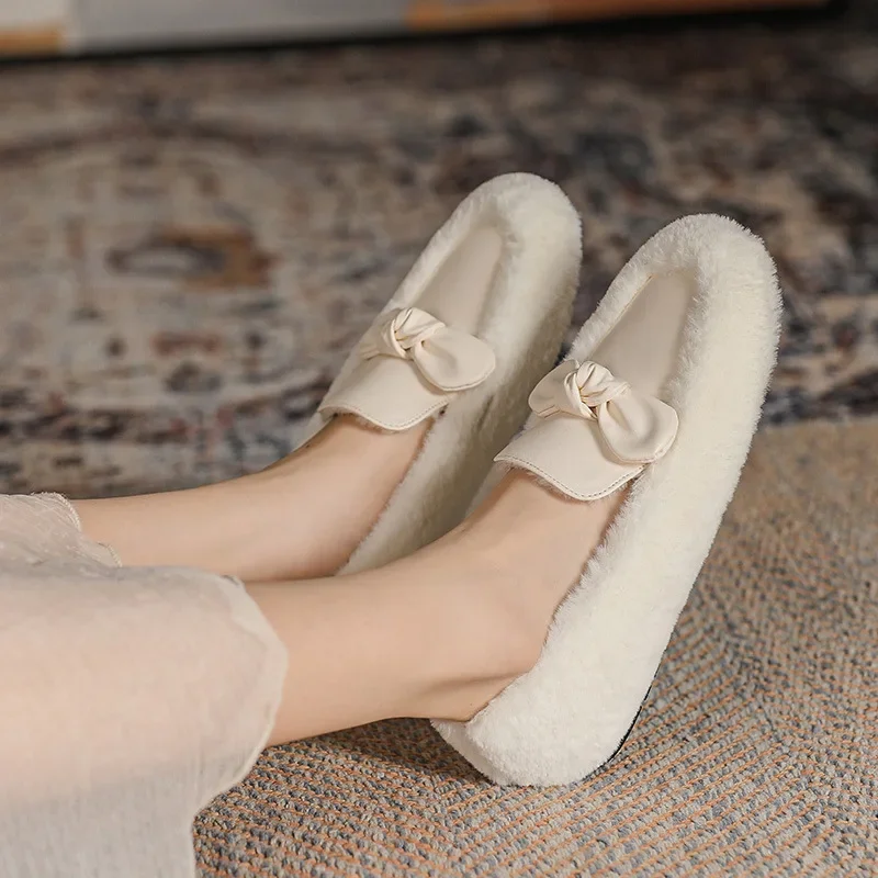 Winter White Wool Shoes Woman Sheep Fur Flats Bowknot Mocasines Plush Cotton Snow Boots Femme Hiver Lambswool Loafers