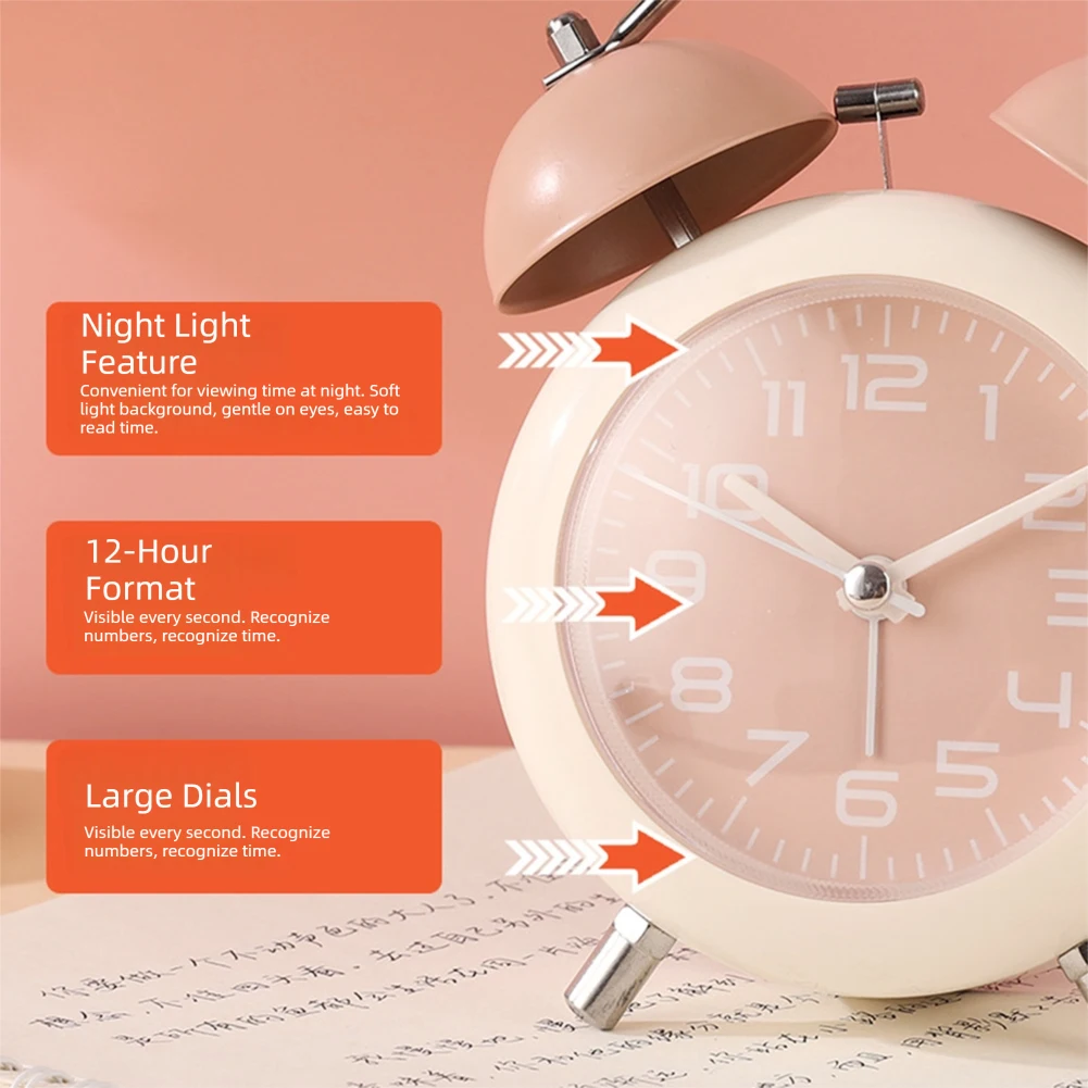 Cartoon Mini Analog Alarm Clock Retro Twin-Bell Loud-Clock Soft Night Light For Nighttime Visibility For Office Bedroom Bedside