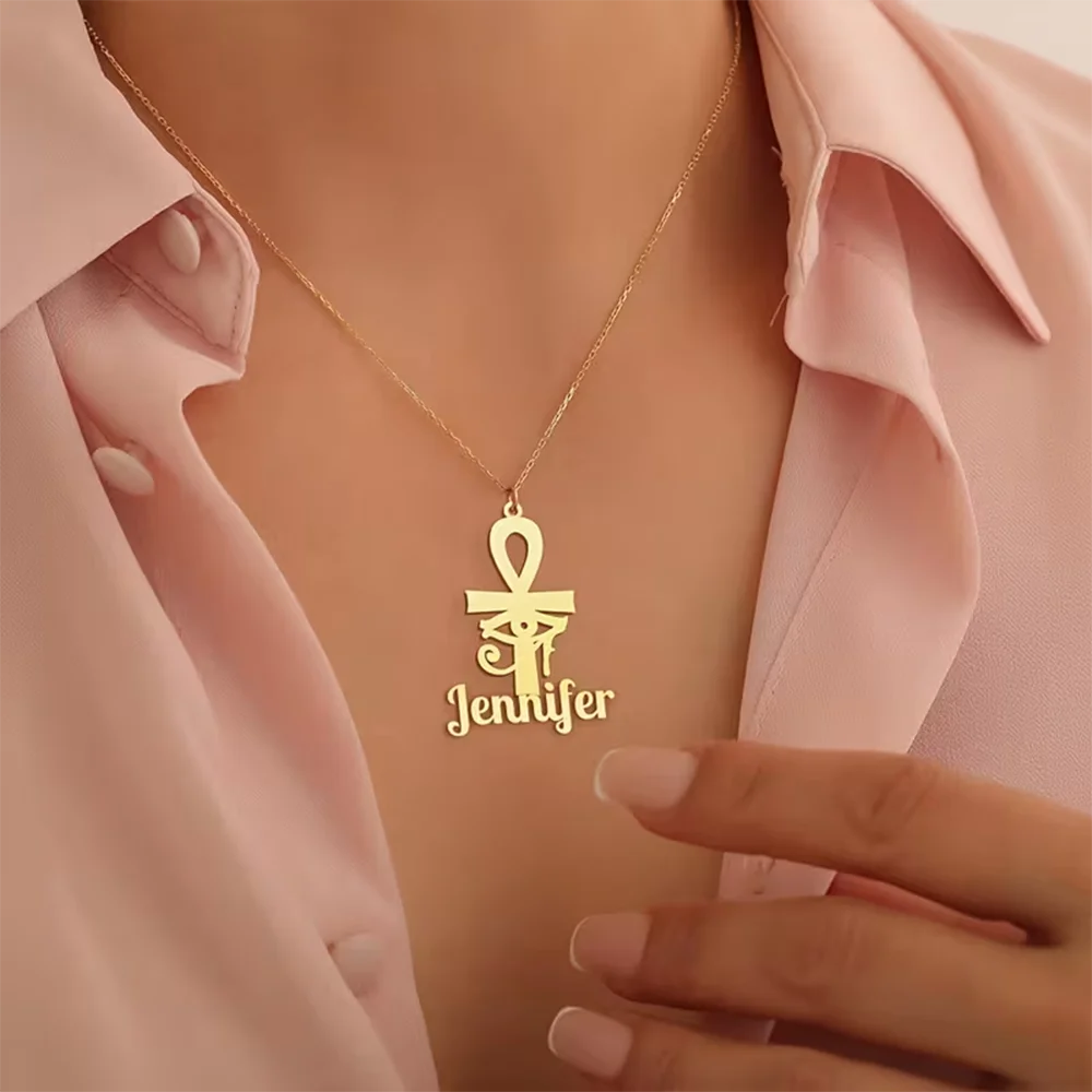 Benutzerdefinierte Namenskette Ägyptische Ankh Mode Goldfarbe Edelstahl Auge des Ra Aunk Amulett Kette Schmuck Personalisierung Geschenk