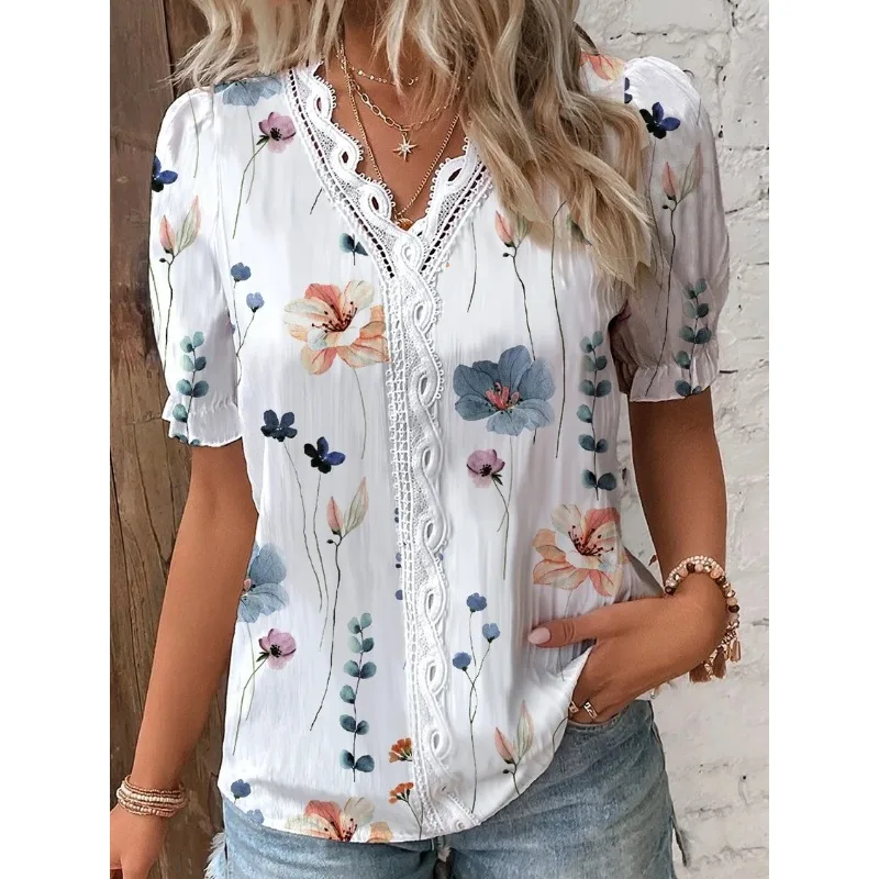 

Puff Short Sleeve Printed Lace Women Blouse Fashion Lace Patchwork Shirt for Women V-neck Summer Casual Tops Ladies Shirt 28628