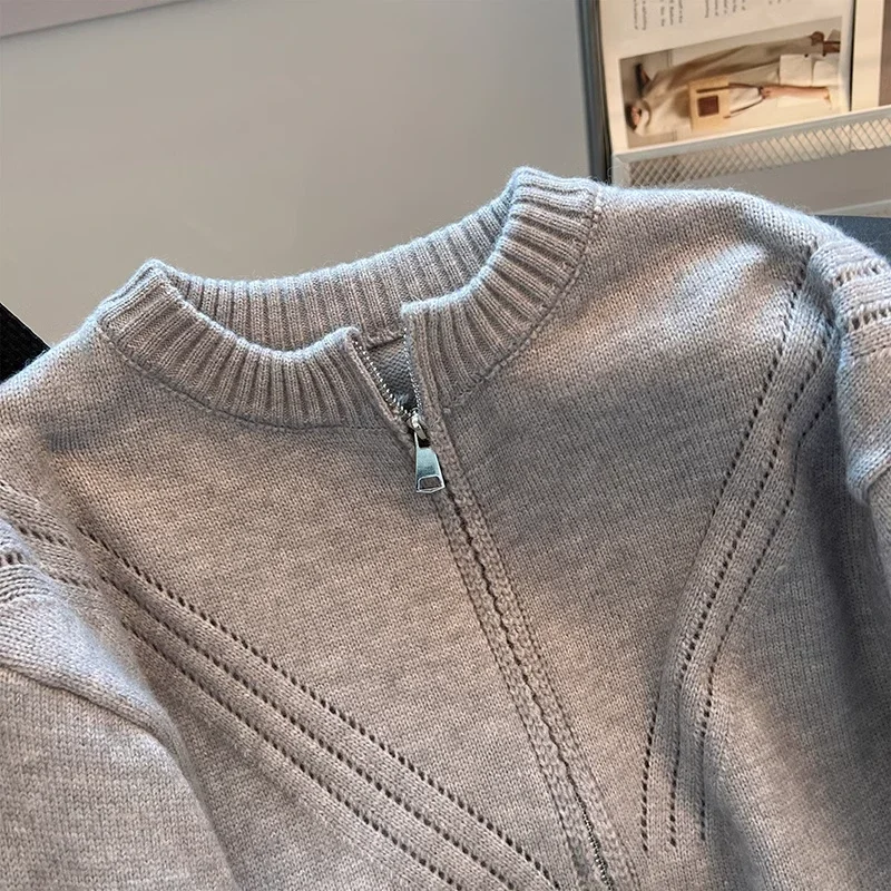 2025년 가을 겨울 여성용 신상 스플라이스 라운드넥 지퍼 패션 단색 다용도 캐주얼 니트 스웨터 탑