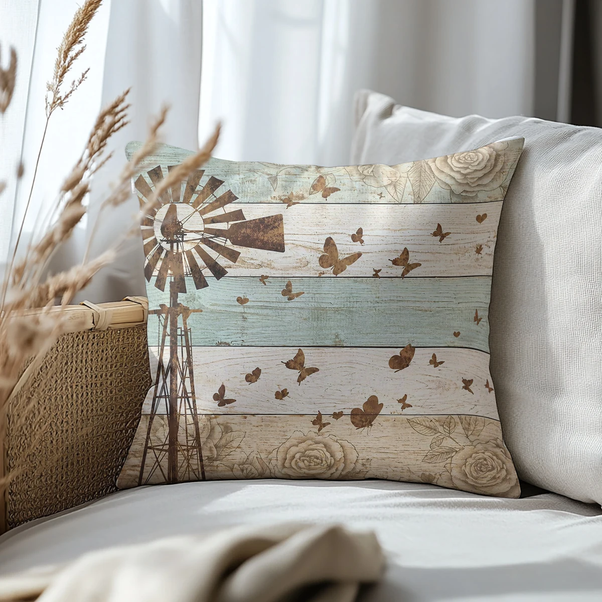 Rustic Windmill Butterfly Floral Throw Pillow Cover Vintage White Wood Plank Farmhouse Country Sofa Cushion Case Pillowcase