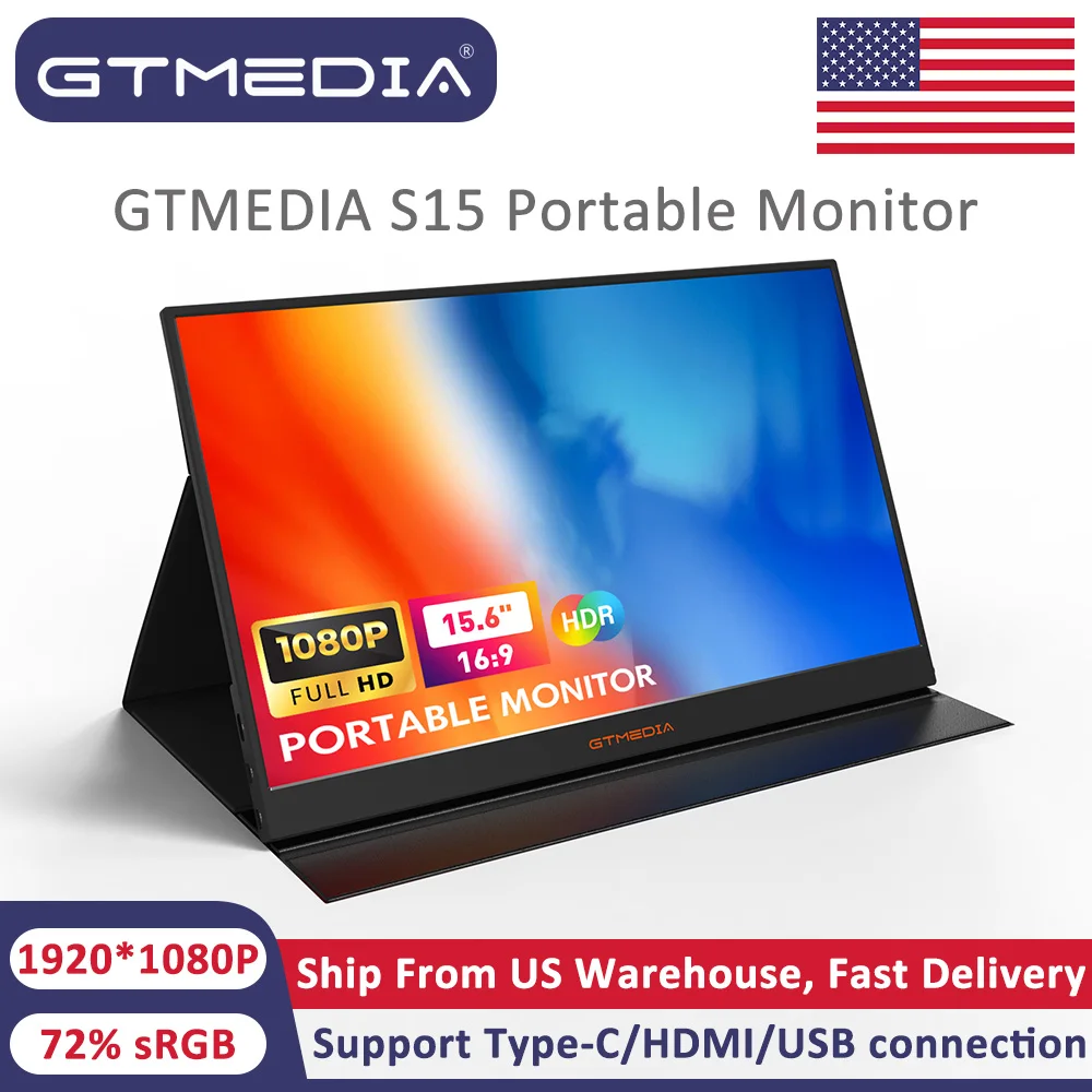 GTMEDIA S15 Portable Monitor 15.6 Inch HD Screen With Type-c Mini HDMI USB Cable Second Display for Laptop/PC/Xbox/PS4/5/Switch