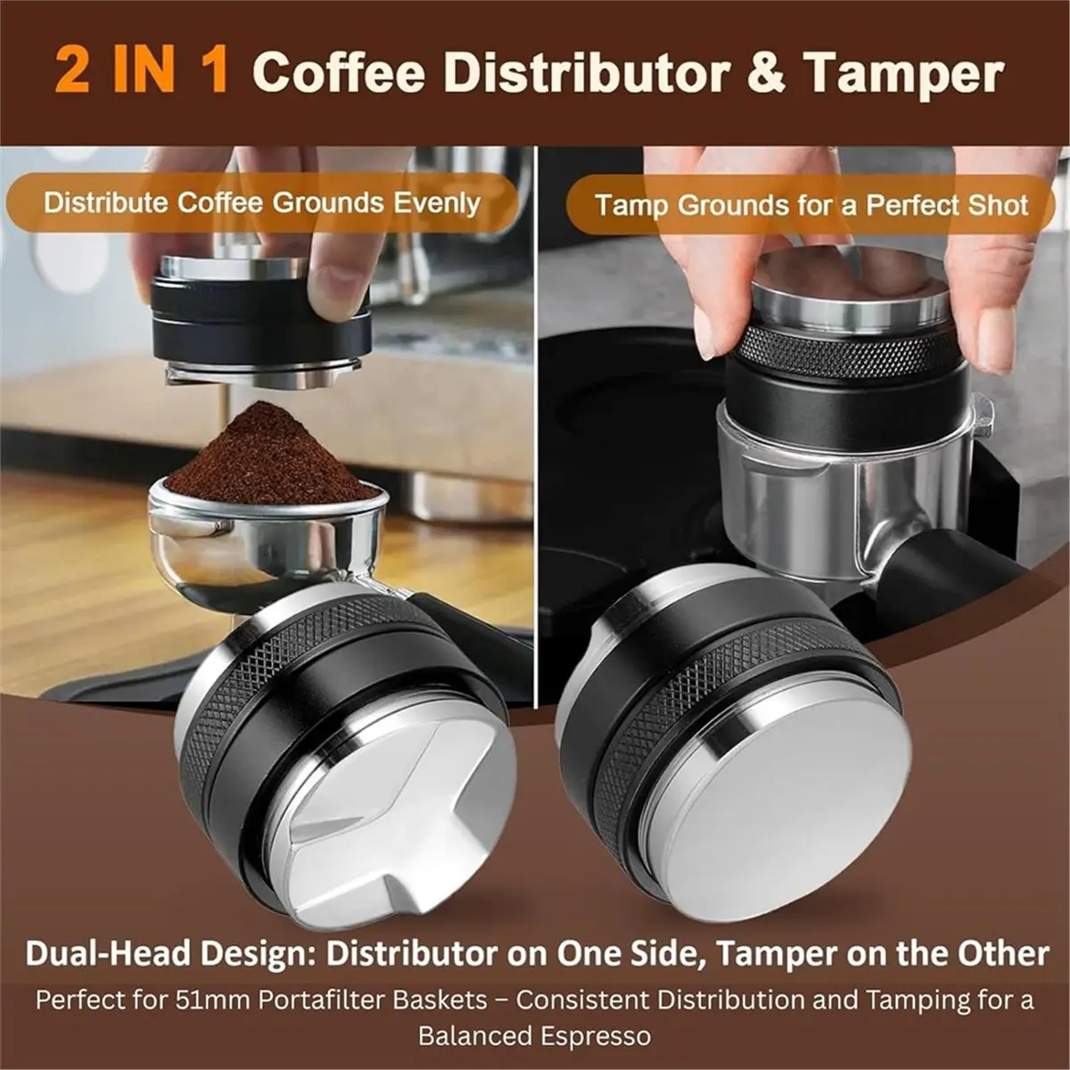 51mm Espresso Distributor & Tamper, 2-in-1 Coffee Leveler with Adjustable Depth for Portafilter