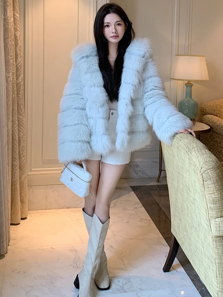 Giacca invernale da donna in pelliccia di volpe naturale con striscia di pelliccia cucita stile Toghter caldo spesso giacca casual con cappuccio cappotto caldo capispalla