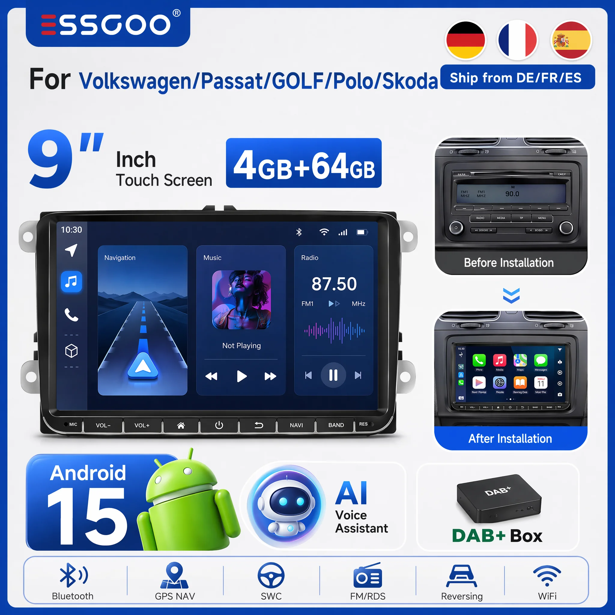 ESSGOO Android 15 Autoradio Multimedia-Player Kabelloses CarPlay für Volkswagen VW Passat B6 B7 CC Tiguan Touran GOLF POLO 2 Din Autoradio GPS WiFi RDS