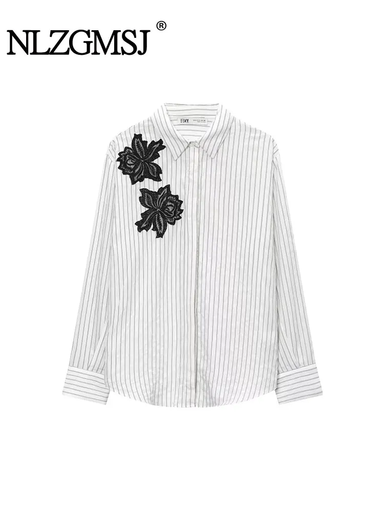 

NLZGMSJ Fashion Flower Decoration Stripe Shirts for Women 2025 New Long Sleeve Elegant Women's Streetwear Casual Blouse Top ﻿