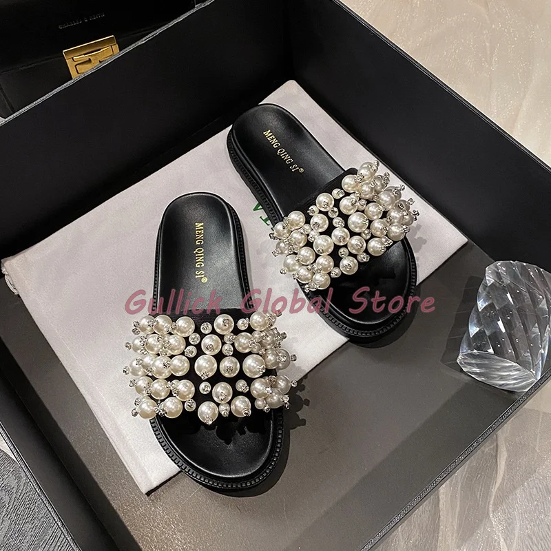 Elegant Women Slides Round Toe Shallow Pearl Decoration Flat Slippers Summer Casual Dress Cosy Grace Women Shoes Breathable