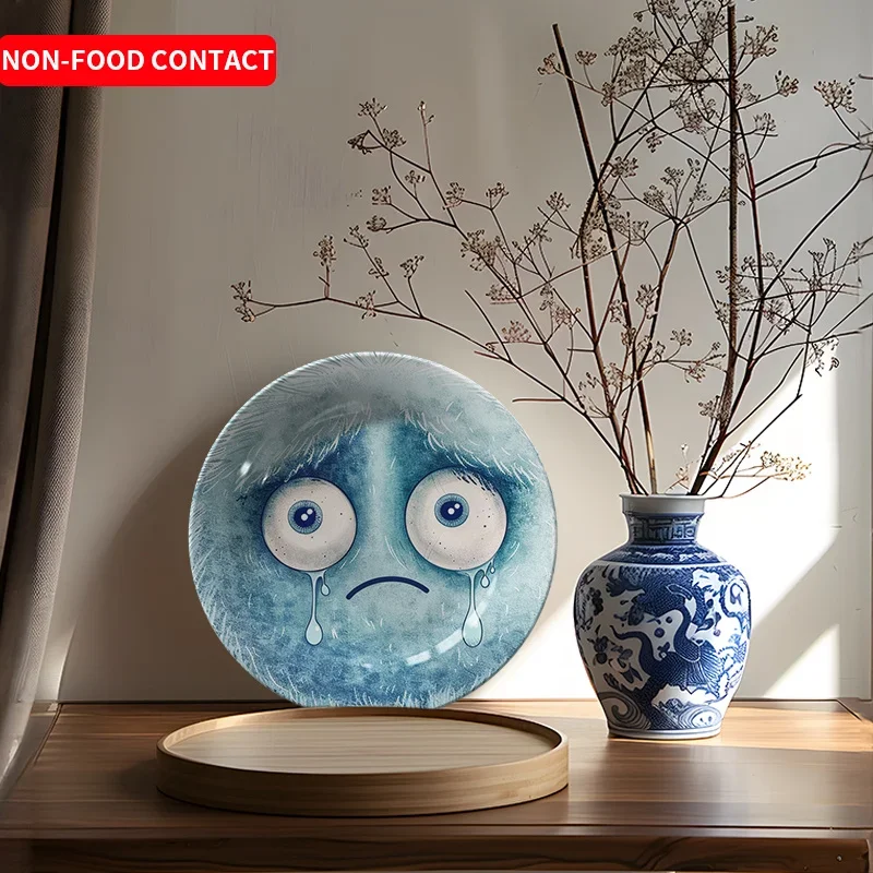 1pc Ceramic Decorative Plate with Sad Cartoon Face - Blue & White Artistic Design, Non-Food Contact Home Decor for Living Room,
