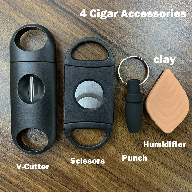 Brown 4 Cigar Set Cigar Cutter Pocket Ashtray V-Cut Sharp Puro Scissors Guillotine Punch Knife Gadget Cuba Cigar Accessories