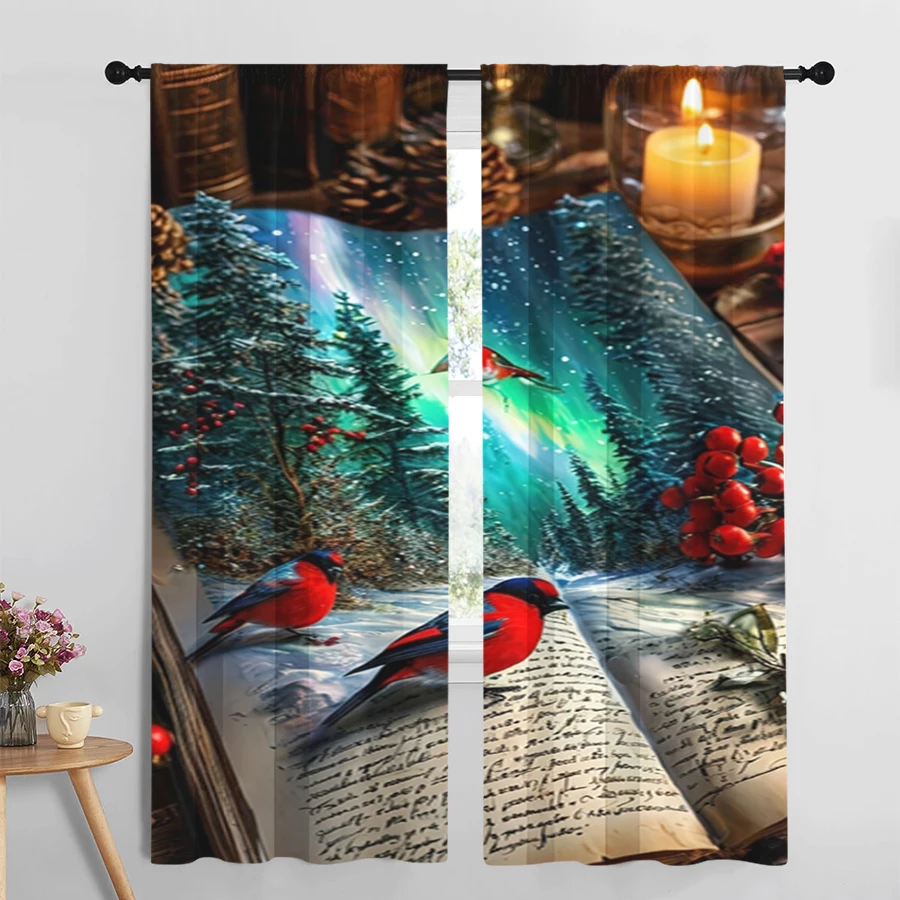 2PCS Christmas Digital Print Curtains, Open Book Winter Scene Red Cardinal Pines, Literary for Living Room Bedroom Window Decor