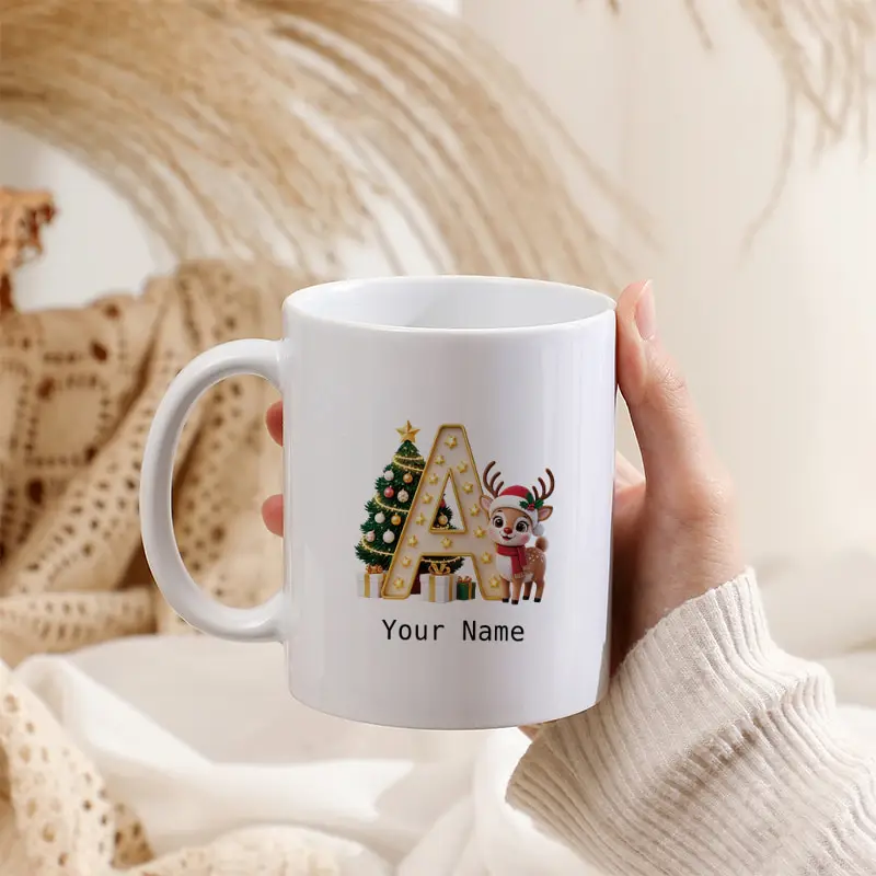 Letter A-Z Custom Name Christmas Ceramic Mug Cute Reindeer Christmas Tree Gift Box Monogram Coffee Cup Personalized Xmas Gift