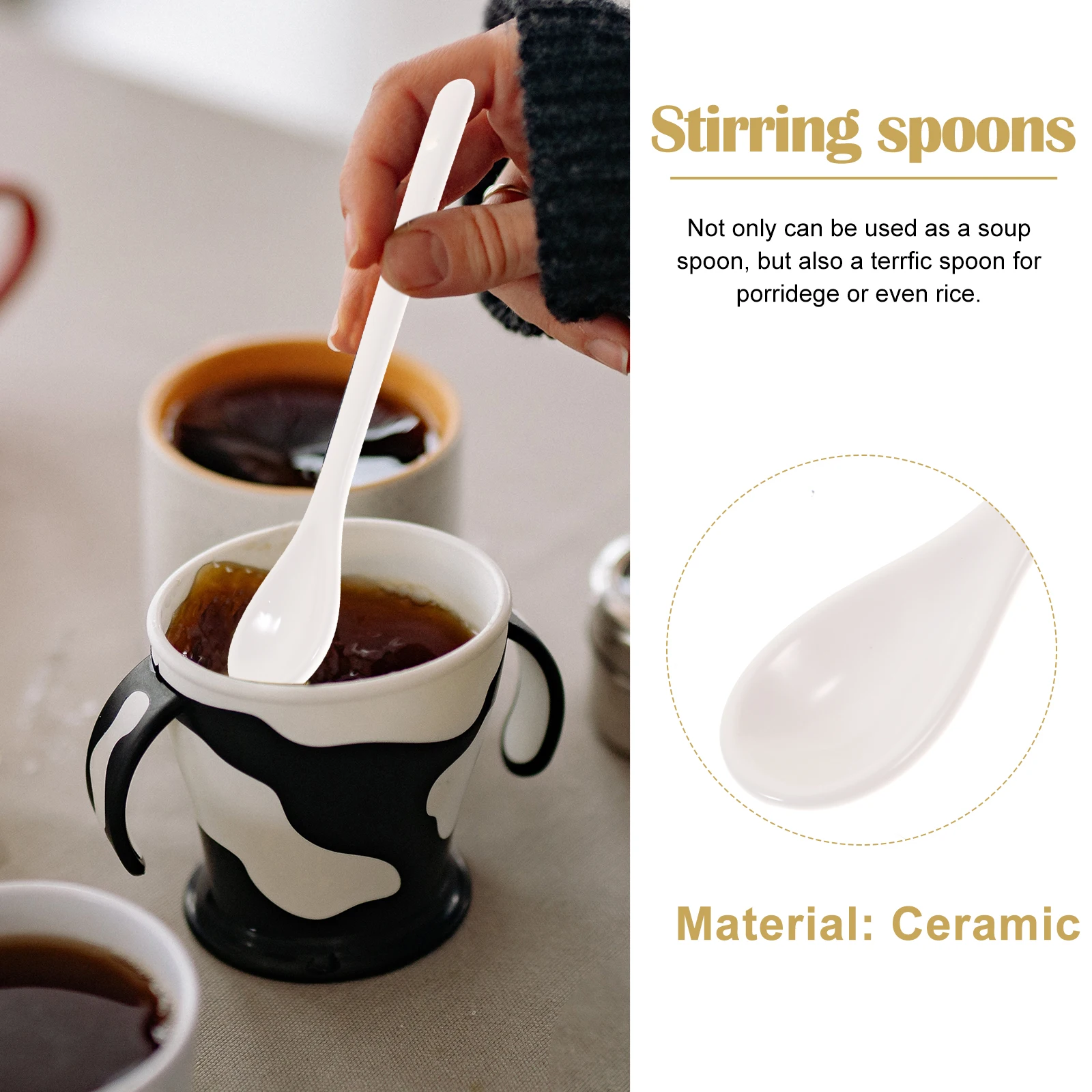 

5Pcs Coffee Spoon Reliable Ceramic Long Handle Soup Spoon Suitable for Porridge Rice Soup Kitchenware White Kitchen Ladles