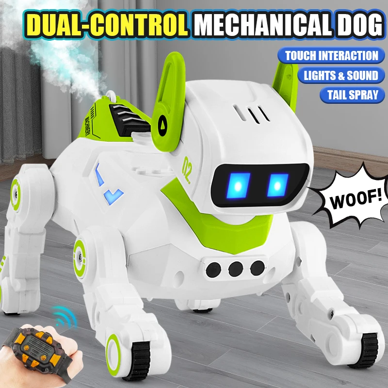 

2.4G Rc Dog Remote Control Mechanical Pupy with Light and Sound Spray Interllgent Animal Dual Control Interactive Toys Kids Gift