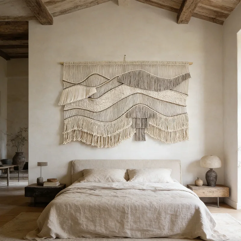 %ss Large Wabi-Sabi Style Wave Macrame Wall Hanging Handwoven Tapestry for Luxury Villa & Hotel Bedroom Decor~*