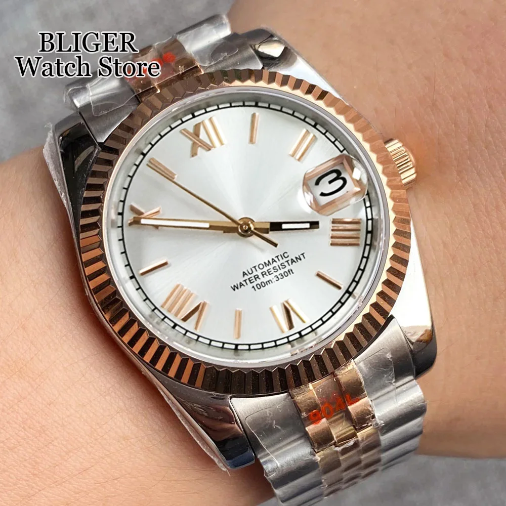 BLIGER 36mm 39mm NH35 Sunburst Silver Dial Rose Gold Roman Numbers Watch Men Sapphire Automatic Wristwatch Steel Jubilee Strap