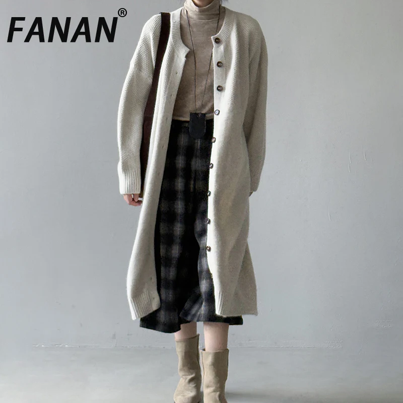 

FANAN модные вязаные длинные пальто для женщин с круглым вырезом, однобортная офисная женская однотонная верхняя одежда, теплая одежда, новинка осени 2023 г.