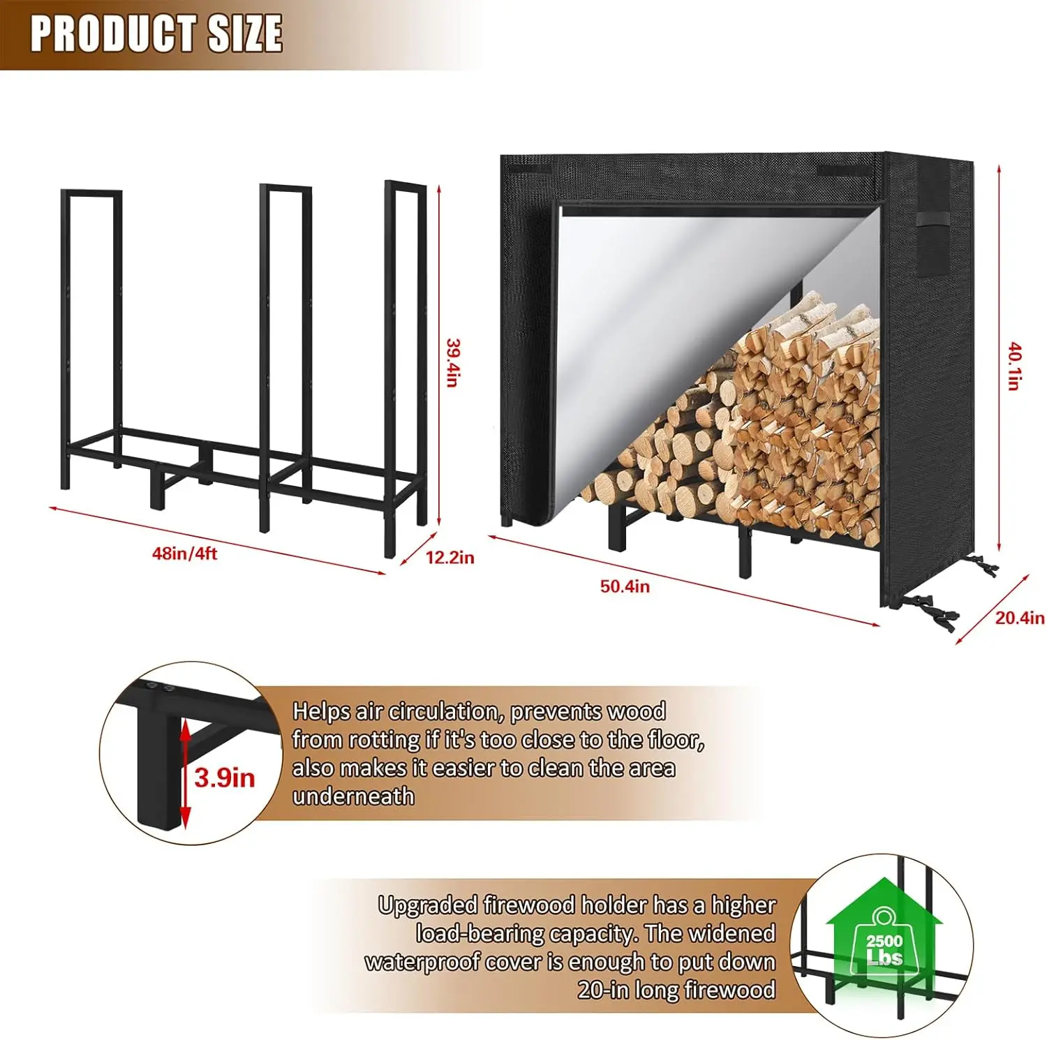 Outdoor Firewood Rack with Cover, Heavy-Duty Log Holder for Patio and Courtyard Storage