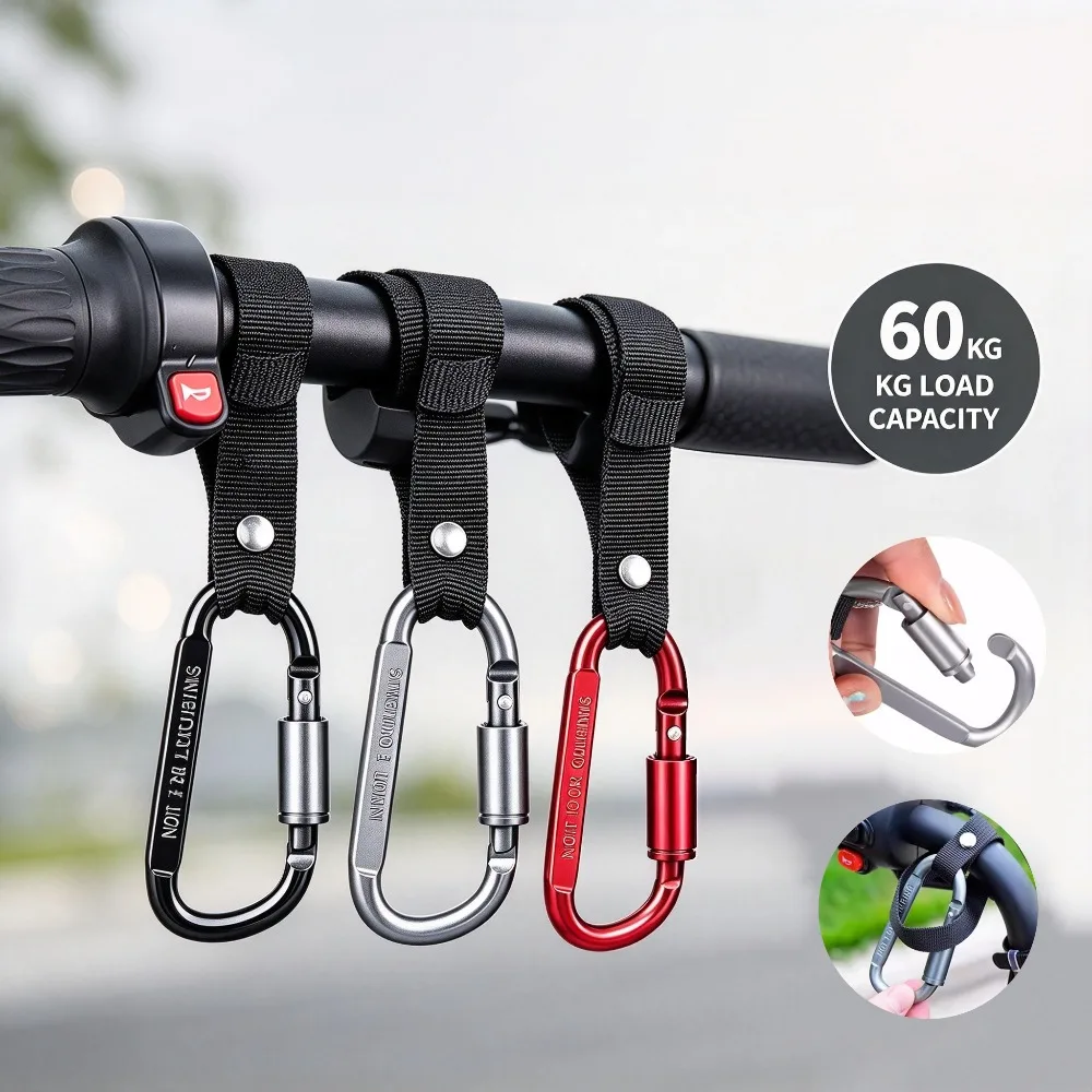 Aluminum Alloy Motorcycle Handlebar Hook Nylon Strap Carabiner Clip 60kg Load Scooter Bike Helmet Bag Water Bottle Hanger