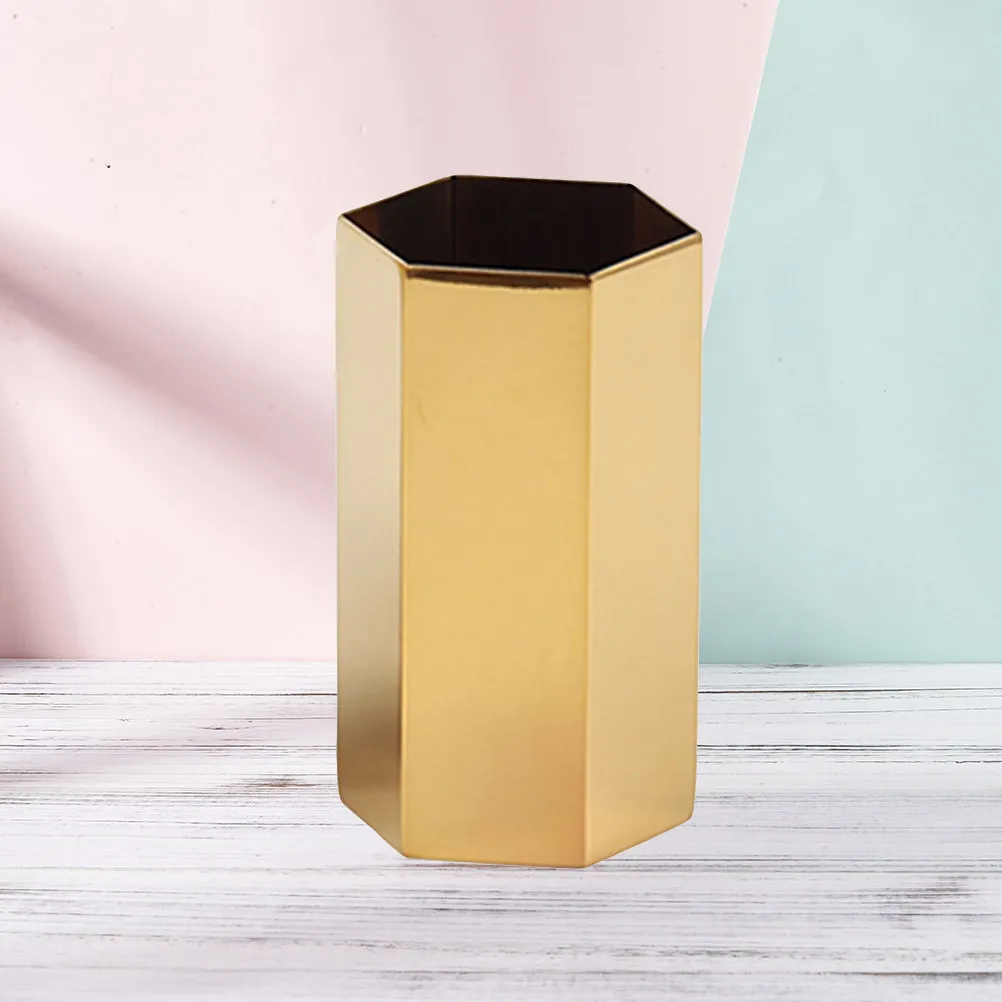 

Golden Hexagonal Pencil Container Sturdy Lightweight Desktop Storage Box for Pens Cosmetics Trinkets Creative Organizer Student