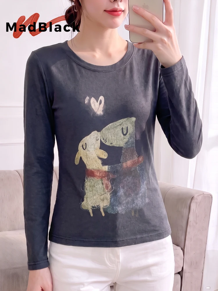 MadBlack-Women European T-Shirt, Sexy O Neck Cartoon Print, Hotsweet Long Sleeve Slim M-3XL Knit Tee, 2026 Autumn New T69740CC