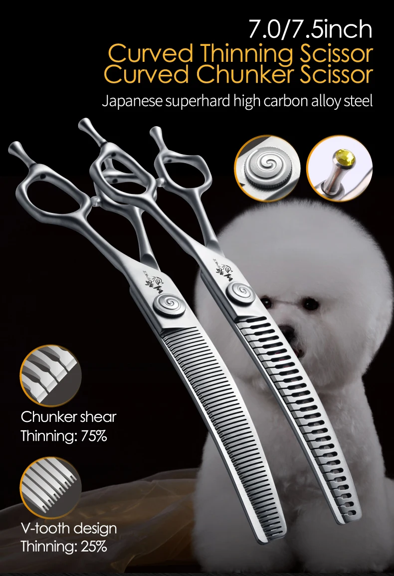 Fenice Hochwertige 7,0/7,5 Zoll professionelle Hundepflegeschere, gebogene Chunker-Effilierschere zum Schneiden von Hundegesicht und Körper – Detail 1