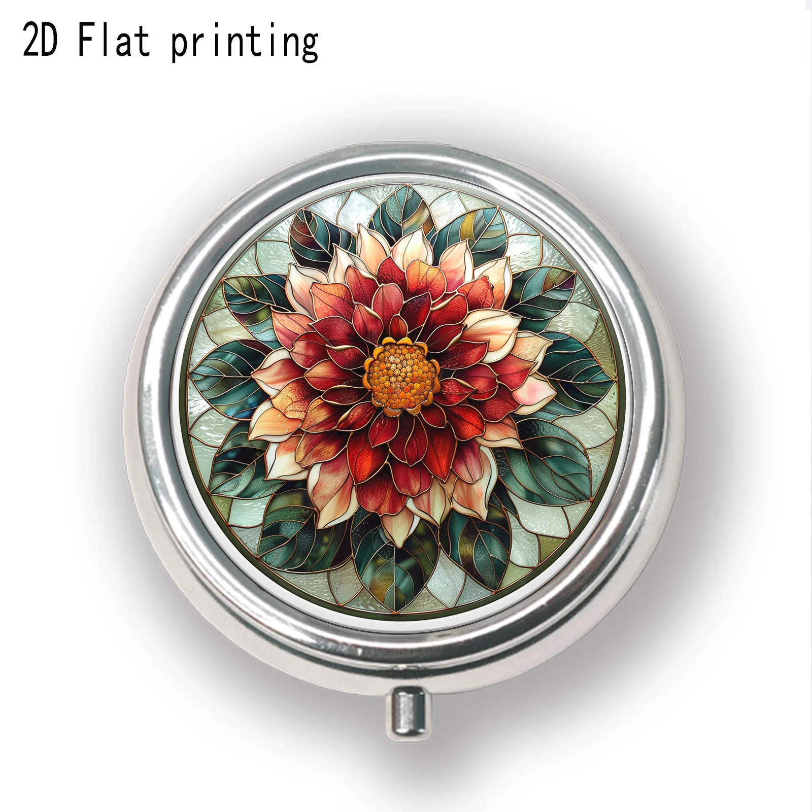 A circular glass painting decorated with red flowers, with a flat printed pattern, packaged in a box. Daily pill box. Portable jewelry box, exquisite small jewelry case, earring storage box. Healthy, compact, flat