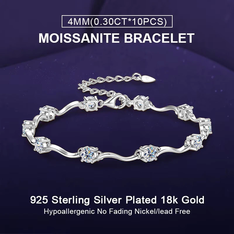 IOGOU 4MM D Color Moissanite Diamond Bracelet for Women Real 925 Silver Bracelets Fashion Wave Shape Design Jewelry Gifts 2025