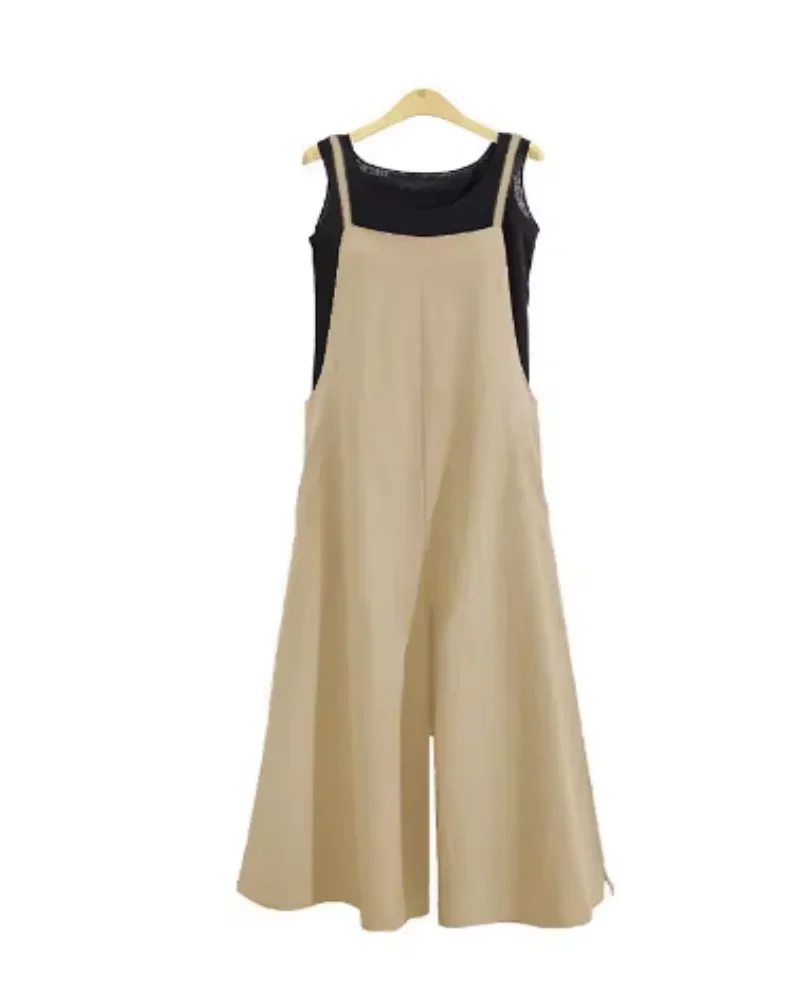 Women's Summer Sleeveless Jumpsuit Solid Color Wide Leg Bib Overalls Casual Loose Cotton Linen Straps Dungaree SIZE L-5XL image 4