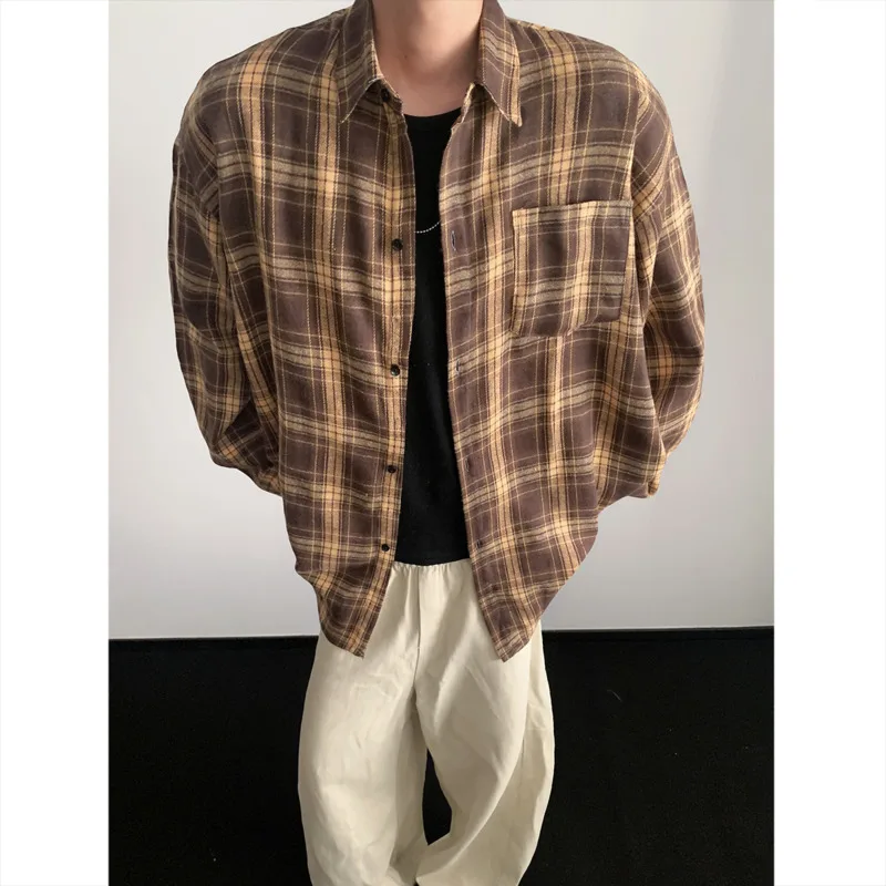 

Black Long Sleeved Shirt Men Retro Plaid Shirt Men Japanese Streetwear Loose Casual Shirt Mens Fashion Shirts Plus Size 5XL