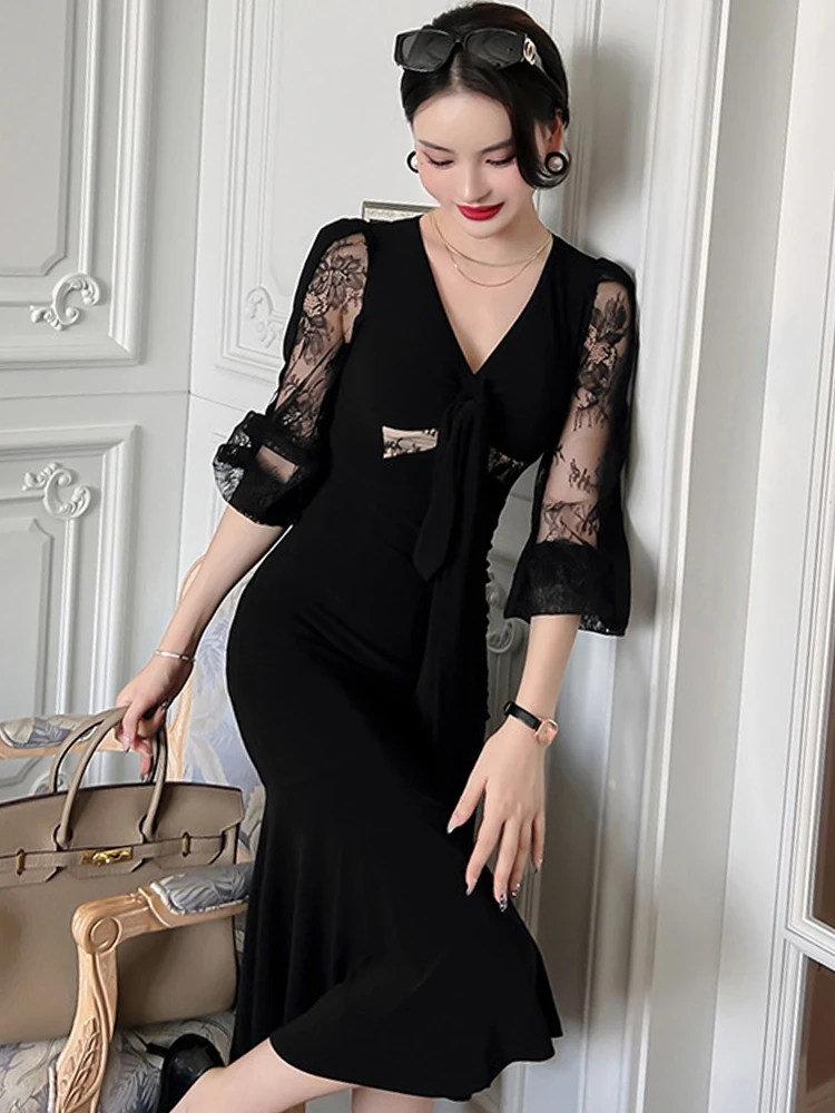 Vestidos de festa vintage elegantes para mulheres chique preto perspectiva renda retalhos fishtail robe bandagem arco manga longa vestido de baile