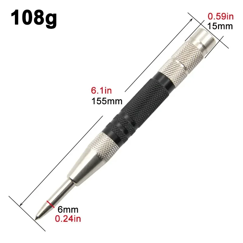 155mm Woodworking Center Punch Automatic Spring Locator Glass Striker Broken Window Silver Black Automatic Sample Punch Tool