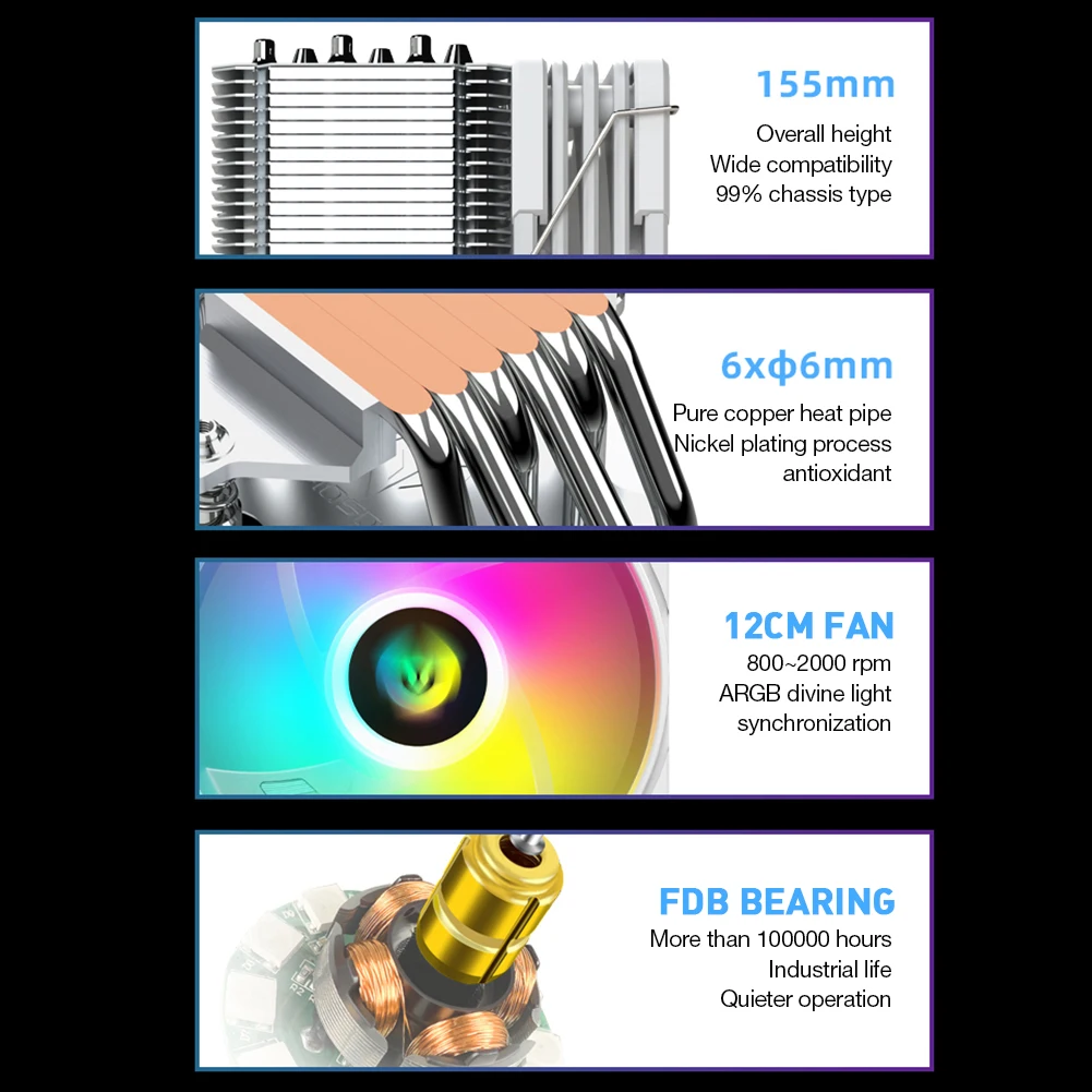 COOLMOON CPU Cooler Fan 6 Heat Pipe 12V 4Pin PWM RGB for Intel LGA 1700 AMD AM5 Quiet Ventilador Silent Radiator Cooling Fan