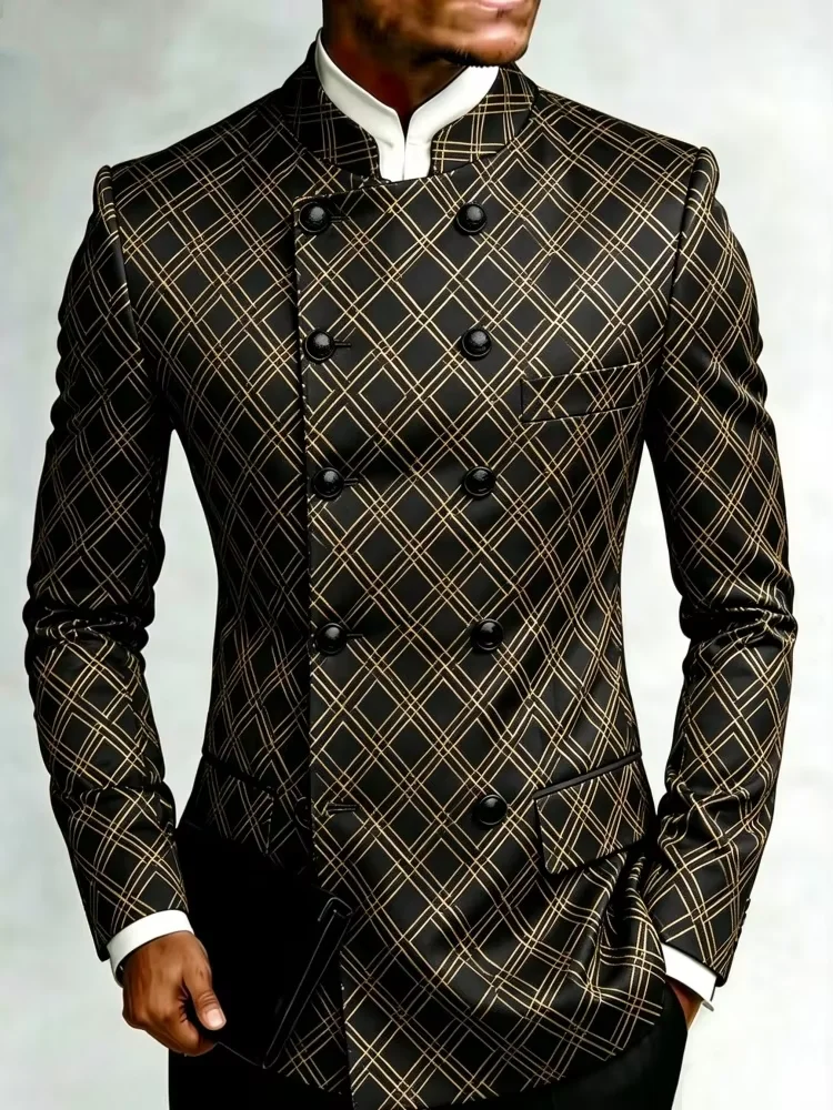 Mens Black Gold Diagonal Lattice Jacquard Mandarin Collar Double Breasted Slim Fit Blazer For Formal Daily Wear