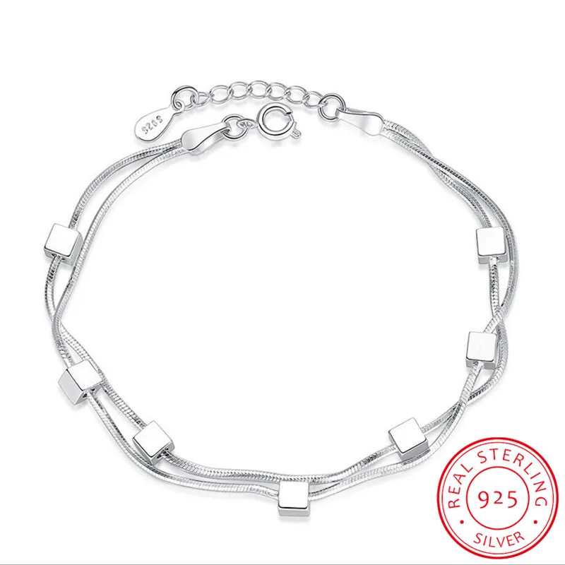925 Sterling Silver Bracelet Square Box Star Double Chain Adjustable Bracelet Anklet For Women Pulseira S-B167