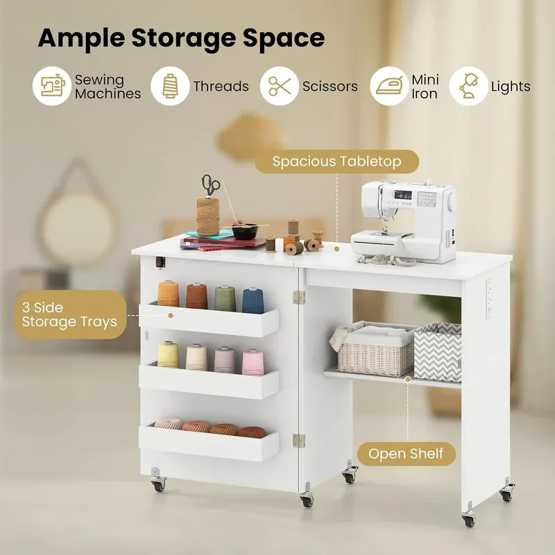 Folding Sewing Table with Power Socket Mobile Craft Work Station