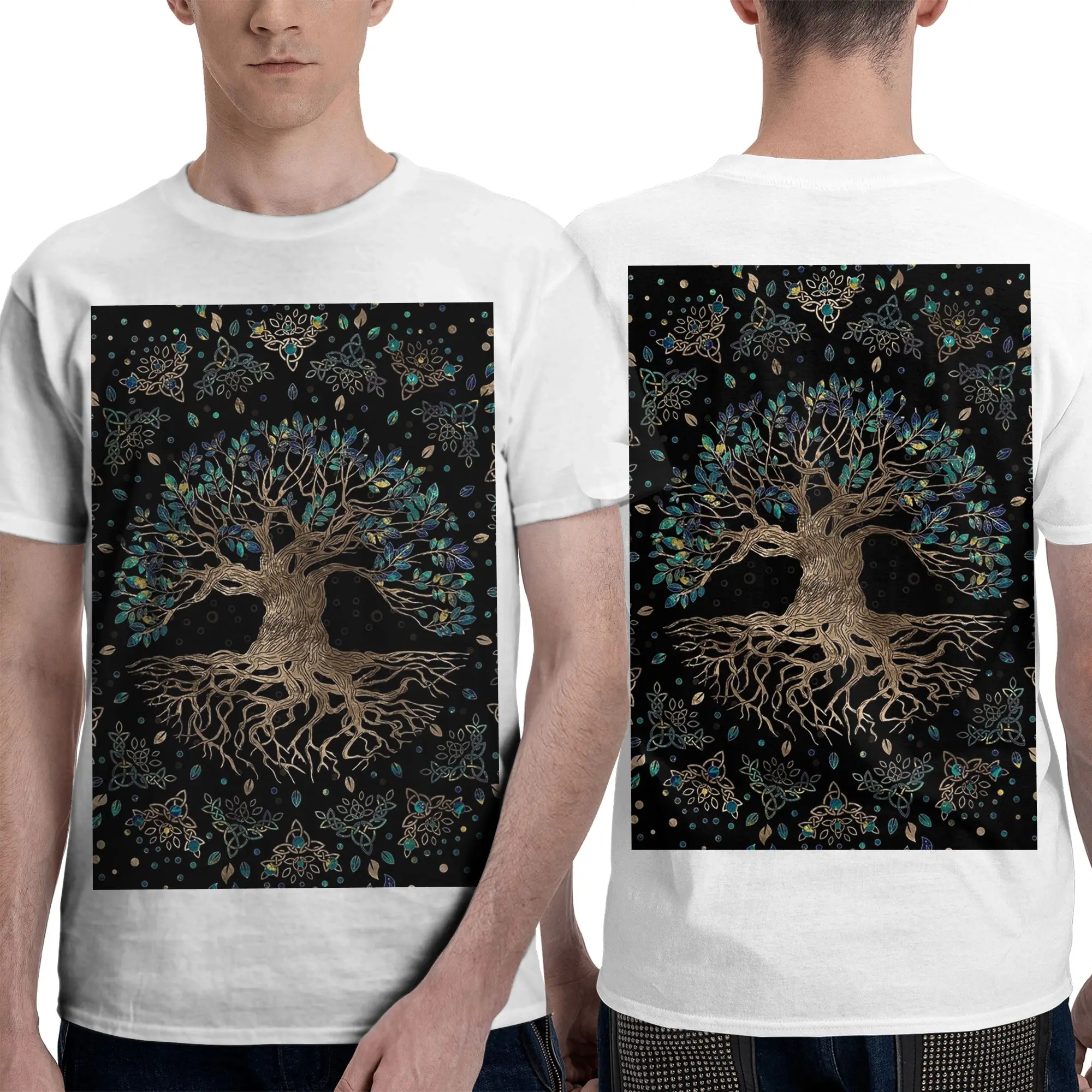 100% Cotton Tree of life -Yggdrasil Golden and Marble ornament T-Shirt Men's Double Sided T Shirt Men Summer Shirts Tops S-6XL