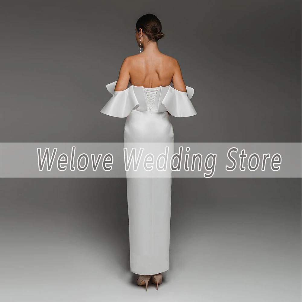 Vintage Satin Wedding Dress Engagement Party For Bride Boat Neck Ruffles Ankle Length White Bridal Gown Corset Vestido De Novia