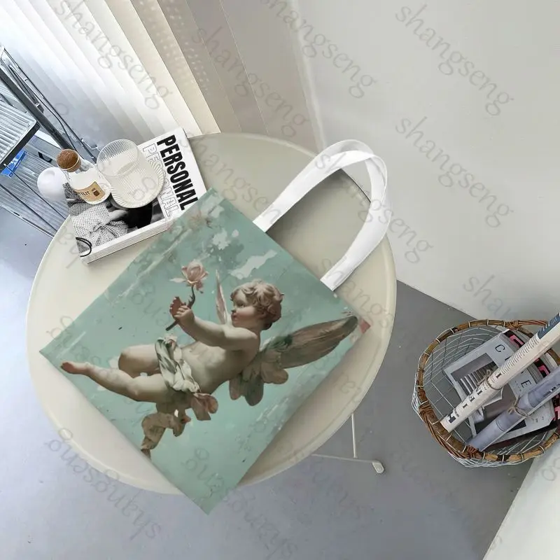 Vintage Rose Victorian Angel Tote bag fashion shoulder bag canvas handheld folding bag women casual large capacity shopping bags