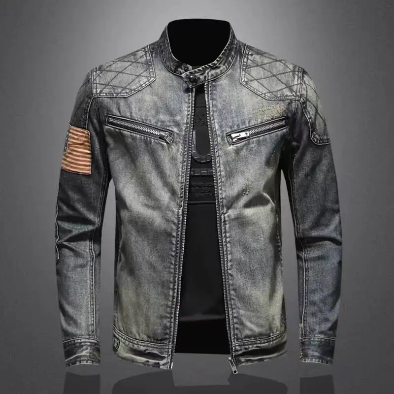 

2025 New Men's Trendy Retro Fashion Casual Stand-Up Collar Zipper Jacket Handsome Riding Biker Clothing Denim Tops