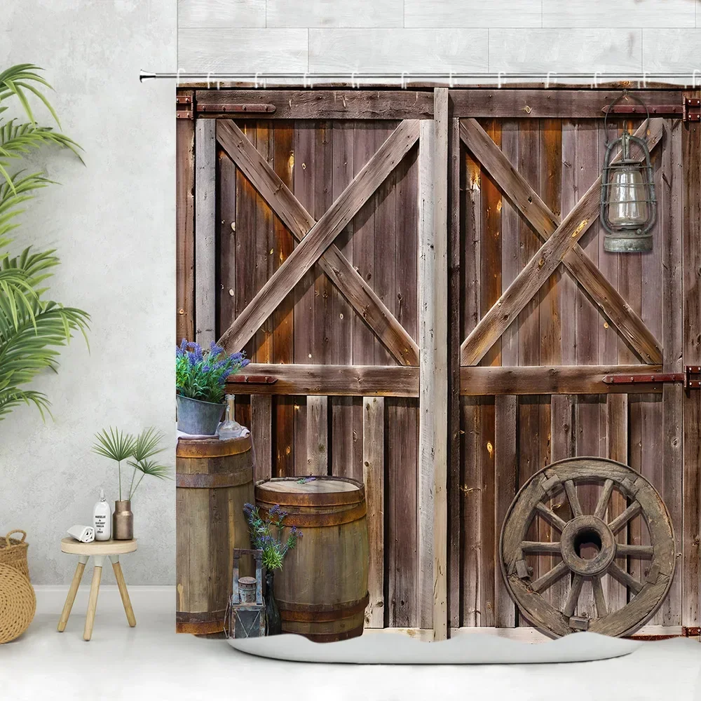 Vintage Wooden Door Shower Curtain, Farm Barn Door Wheel Horseshoe Pentagram Rustic Plank Home Bathroom Decoration Curtain Set