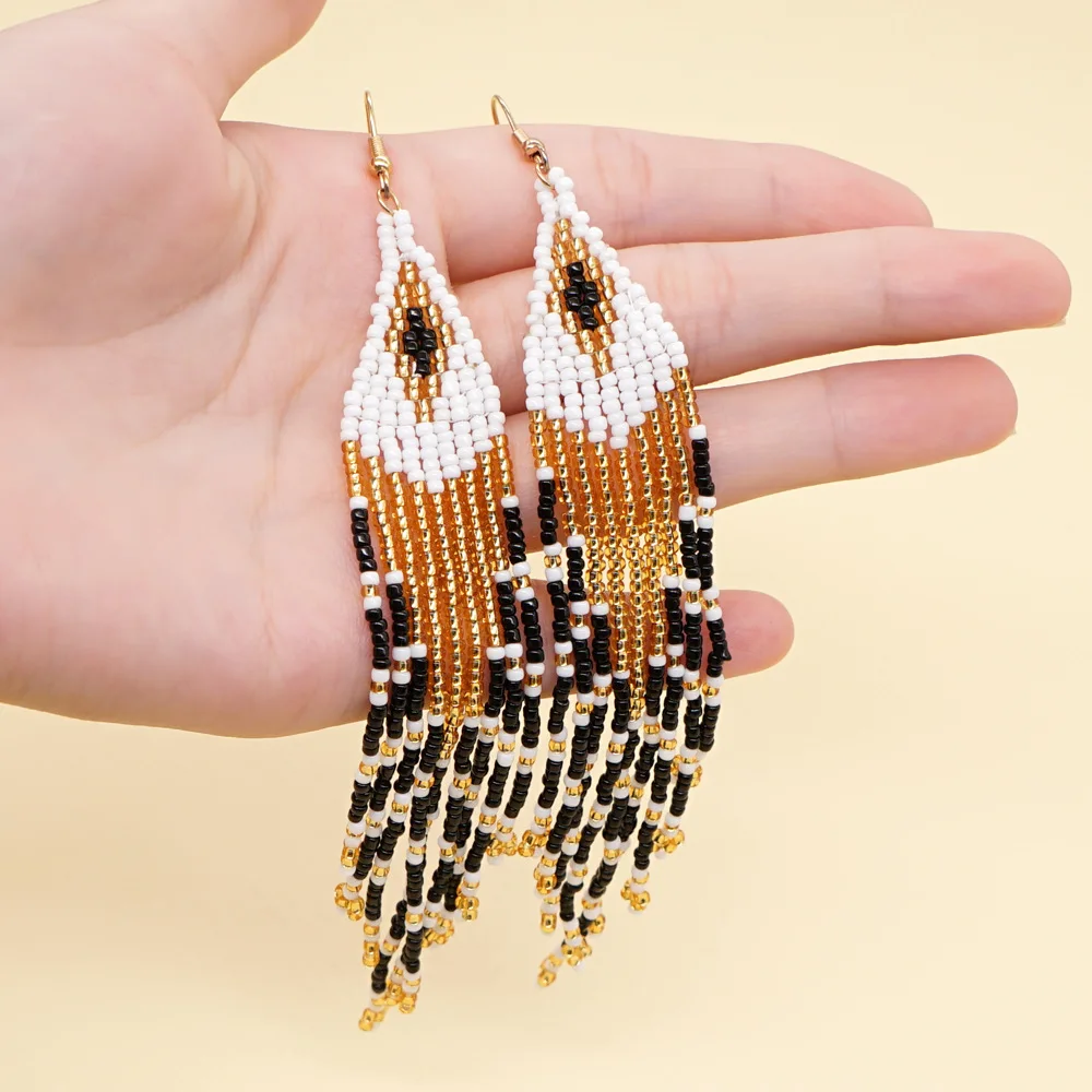 Rice Bead Earrings  Hand knitting  Bohemia  eye  rainbow  trapezoid  Swallow tail  Simple  geometry  alloy  ma'am  Fringe Earrin