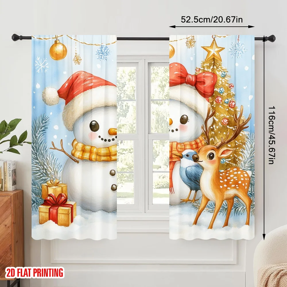 2pcs,2D plane printing Creative Curtains Cute Snowman Deer Bird Versatile Polyester Fabric (without rod) Decorations Inside