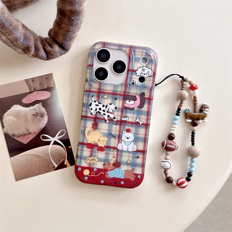 Корейский чехол для телефона с красным, синим клетчатым узором для iPhone 16 Pro 15 14 17 Pro Max, задняя крышка с ремешком-цепочкой, защитные чехлы для Gir