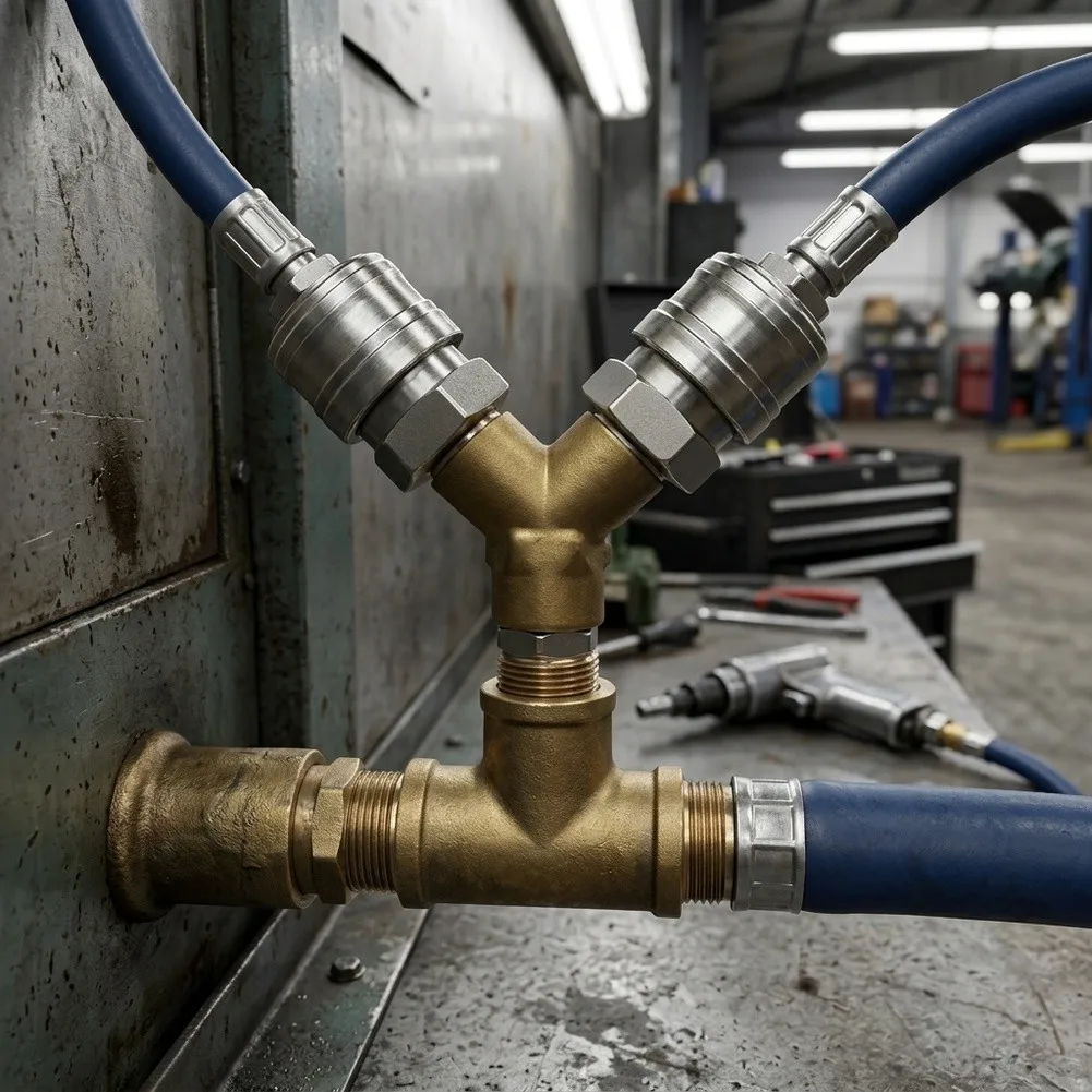 Brass Y Branch Fitting with Two 1/4 NPT Quick Couplers for Seamless Integration into Existing Pneumatic Networks