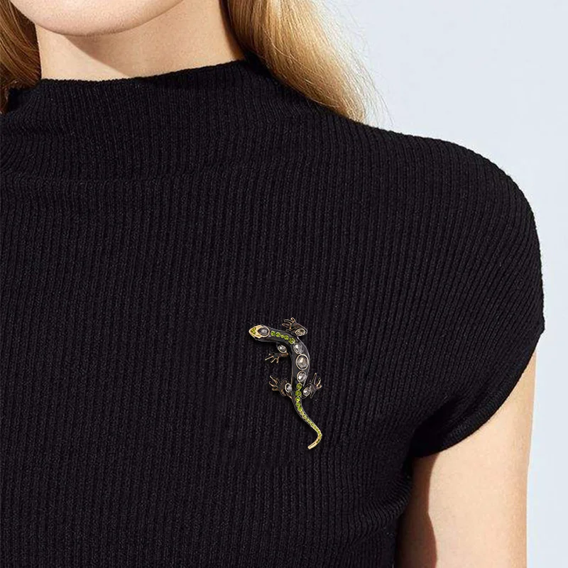 Women\'s Vintage Lizard Enamel Brooch Women\'s Coat Fashion Crystal Animal Solid Color Pins Emblem Suit Clothing Button Gift