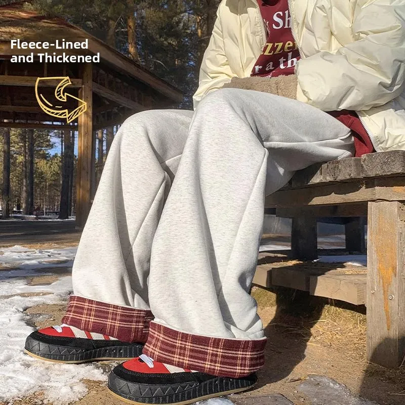 กางเกงลำลองทรงตรงขากว้างสไตล์อเมริกันเรโทรลายสก็อตต่อผ้าบุซับในสำหรับผู้หญิง ให้ความอบอุ่น ทรงหลวม สไตล์สตรีท