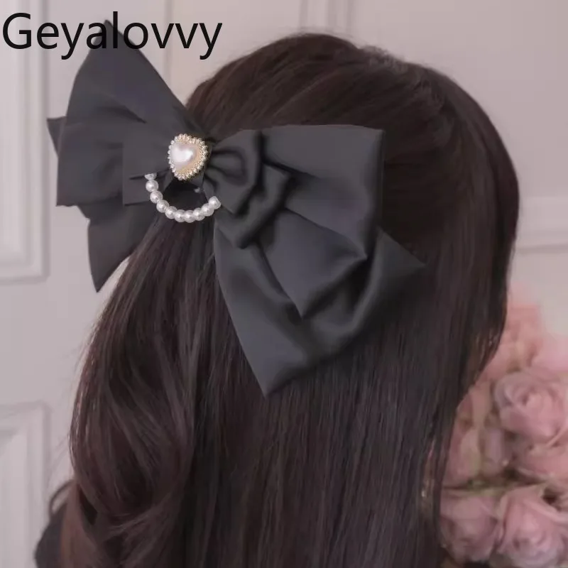 

Handmade Japanese Lolita Sweet Cute Princess Oversized Bow Beaded Hair Clip Kawaii Girls Versatile Black Hairclips Accessory