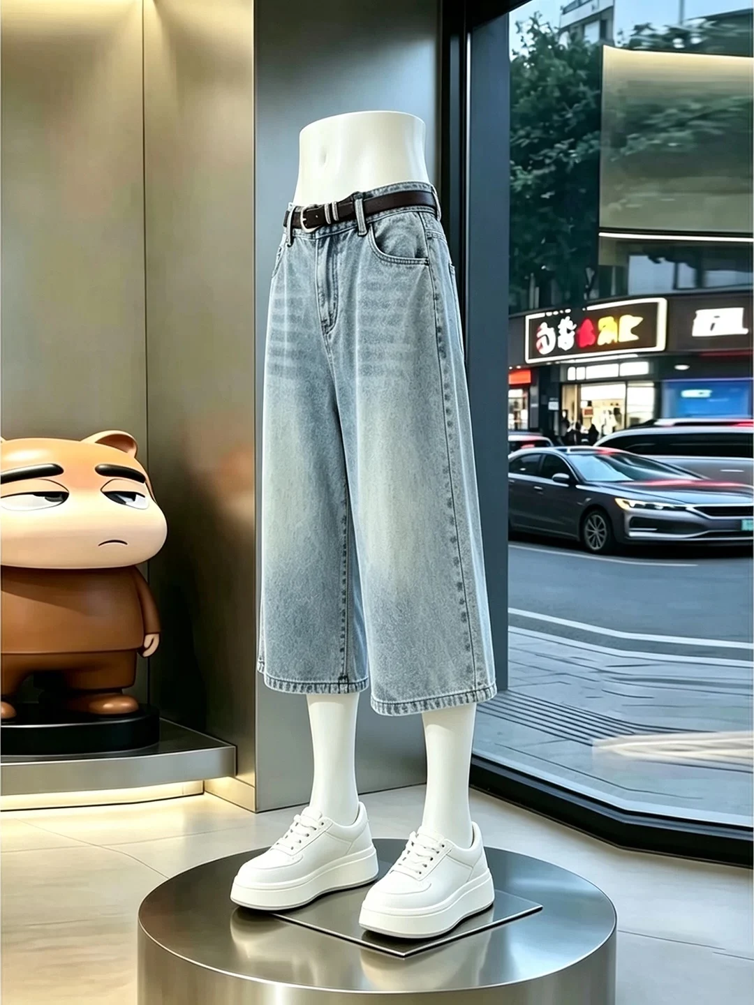 Light Blue Washed 7/8 Length Men's Jeans mid Waist over Knee Vintage Style Loose Wide Leg Summer Fashion Youth  Culture