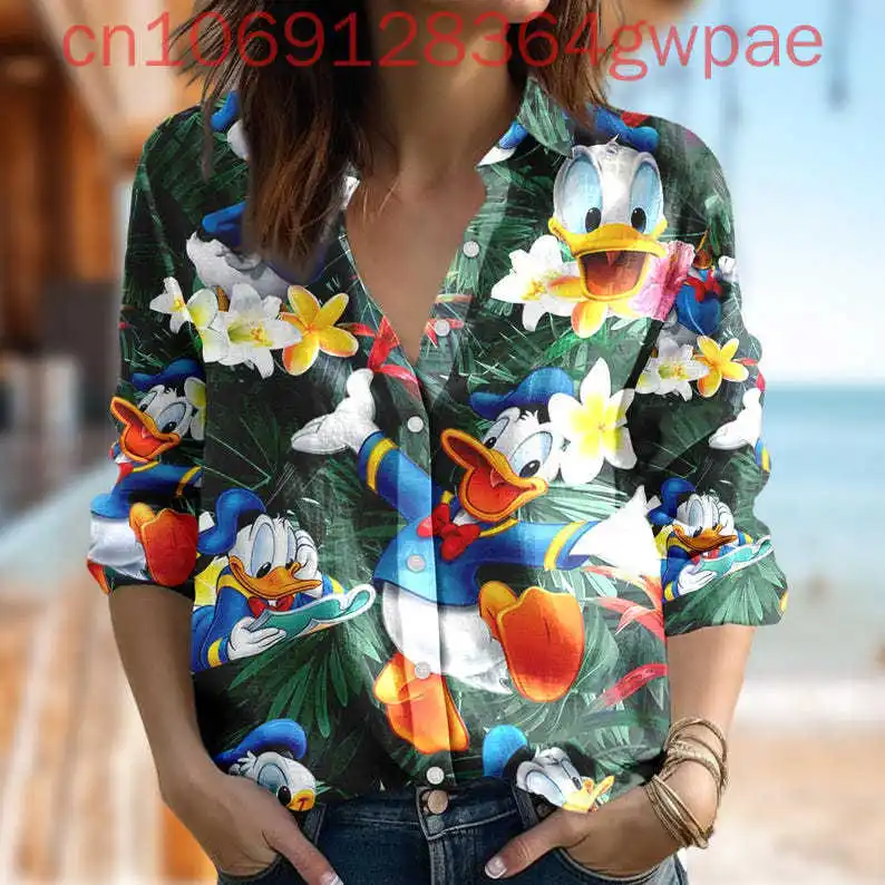 

Женские повседневные блузки Disney Donald Duck, летняя пляжная рубашка с длинными рукавами и пуговицами, модные элегантные женские гавайские рубашки